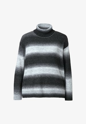 Szary i czarny dziany sweter z golfem w paski, wykończony prążkowanymi mankietami i dołem. Miękka faktura z gradientowym wzorem przechodzącym od ciemnych do jasnych odcieni.