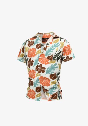 Kratka košulja s kratkim rukavima u bijeloj boji, s šarenim cvjetnim uzorkom koji sadrži narančaste, smeđe, tirkizne i zelene akcentne boje.