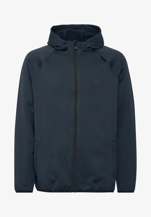 Marineblauwe zip-up hoodie, gemaakt van zachte stof, heeft een aansluitende capuchon, raglanmouwen en twee zijzakken. Minimale accentlogo op de borst.