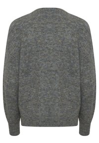 Grå strikket sweater med en afslappet pasform, der har en rund halsudskæring, lange ærmer og en tekstureret, meleret overflade.