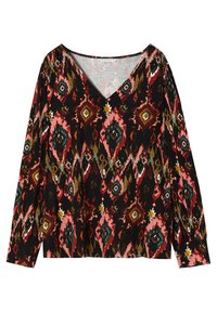 T-shirt à manches longues avec un décolleté en V, présentant un motif géométrique multicolore sur fond noir. Fabriqué en tissu doux avec une coupe décontractée.