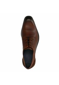 Chaussure habillée en cuir marron avec une tige lisse, un embout pointu, des accents texturés et une semelle foncée. Laçage visible à l'avant.
