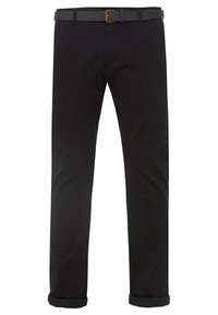 Black cotton trousers with a straight-cut design, featuring a rolled hem and a gray belt with a gold-tone buckle.