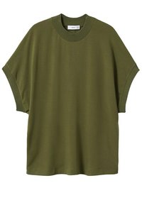 Oliwkowa, oversize'owa koszulka z miękkiego materiału, z ribbowanym okrągłym dekoltem i krótkimi rękawami, w luźnym kroju.