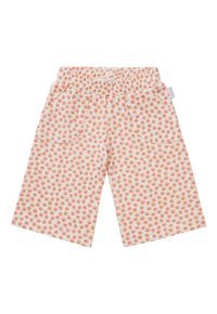 Shorts en coton avec un fond blanc et de petits motifs floraux oranges éparpillés. Taille élastique et deux poches latérales.