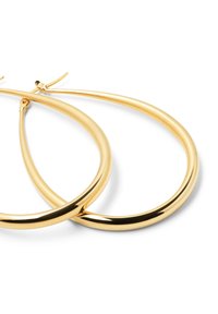 Guld hoop øreringe med en glat, reflekterende overflade og en tynd, aflængt oval form. Har en sikker fastgørelsesmekanisme.