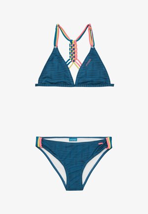 Ensemble de bikini à motifs turquoise comprenant un haut de bikini triangulaire avec des bretelles multicolores et un bas assorti avec des couleurs accentuées sur les côtés.