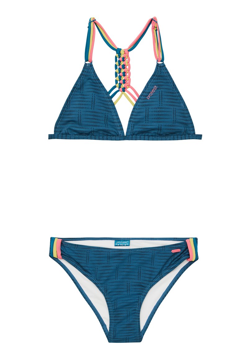 Set bikini stampato in teal composto da un reggiseno triangolare con spalline multicolori e un bottom coordinato con colori a contrasto sui lati.