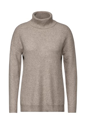 Jersey de cuello alto beige con textura acanalada, corte relajado y mangas largas. Presenta un alto cuello y un dobladillo acanalado para un acabado ceñido.