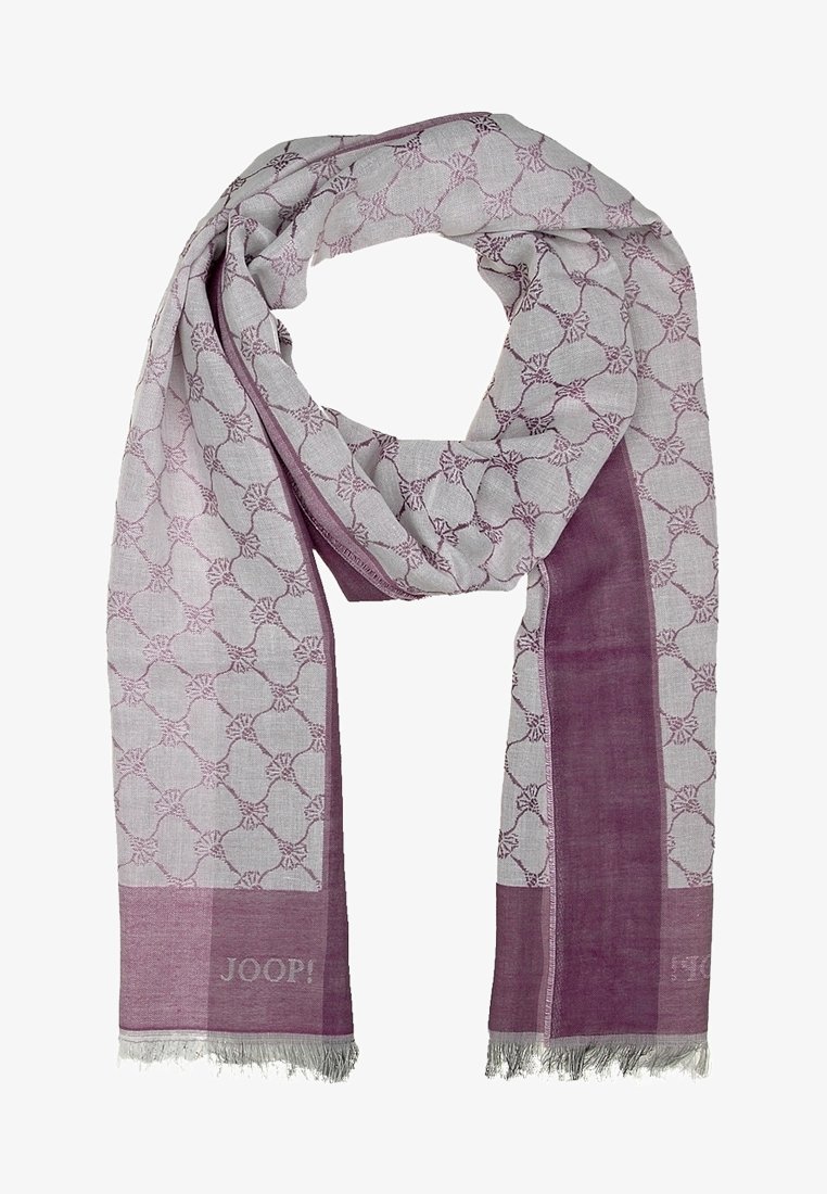 Écharpe violet clair avec motif floral circulaire violet plus foncé, bords unis violets, extrémités à franges et logo "JOOP!" à une extrémité.