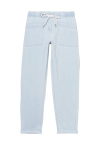 Lichtblauwe denim broek met een elastische tailleband, trekkoord en twee grote zijzakken. Rechte pijpen met opgerolde mouwen.
