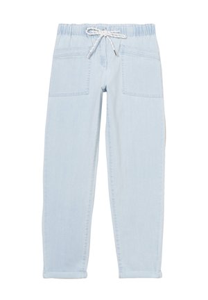 Lichtblauwe denim broek met een elastische tailleband, trekkoord en twee grote zijzakken. Rechte pijpen met opgerolde mouwen.