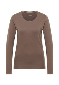 Hnědý top s dlouhým rukávem, vyrobený z hladké látky. Má kulatý výstřih s jednoduchým designem bez dalších ozdob nebo vzorů.