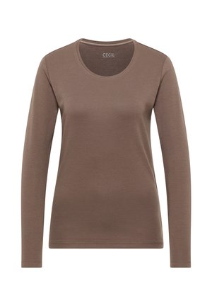 Hnědý top s dlouhým rukávem, vyrobený z hladké látky. Má kulatý výstřih s jednoduchým designem bez dalších ozdob nebo vzorů.