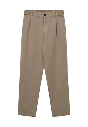 Beige afslappede bukser med elastiske sidesømme i taljen, knap- og lynlåslukning samt sidelommer, lagt fladt på hvid baggrund.