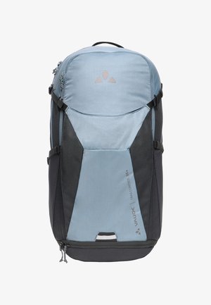 Zaino da escursionismo blu chiaro e nero con più scomparti con cerniera, spallacci regolabili e marchio "Vaude Trail Control 26+".