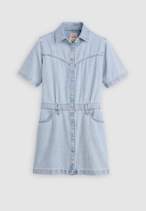Light blue denim short-sleeve dress with button front, collar, two front pockets, and seam detailing across chest and waist.