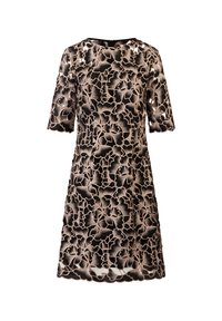 Zwart bloemenjurk met korte mouwen, met ingewikkelde beige borduursels, een golvende zoom en een ronde halslijn. Achterste ritssluiting.