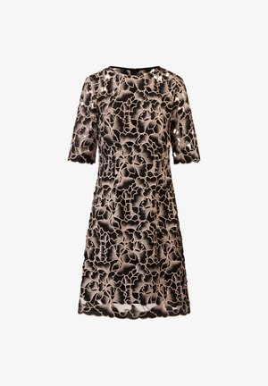 Zwart bloemenjurk met korte mouwen, met ingewikkelde beige borduursels, een golvende zoom en een ronde halslijn. Achterste ritssluiting.