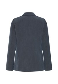 Blazer gris foncé ajusté à manches longues vu de dos sur fond blanc, avec un col simple et sans attaches visibles.