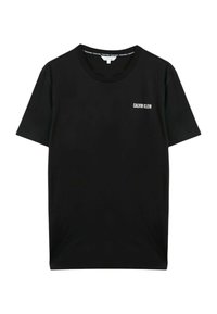 T-shirt nera in cotone con collo a giro e maniche corte. Presenta la scritta "CALVIN KLEIN" in bianco sul lato sinistro del petto. Texture liscia.