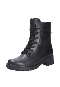Zwarte veterschoenen tot de enkel, gemaakt van soepel leer, met een stevige blokhak, gewatteerde rand en een textuurrubberen zool.
