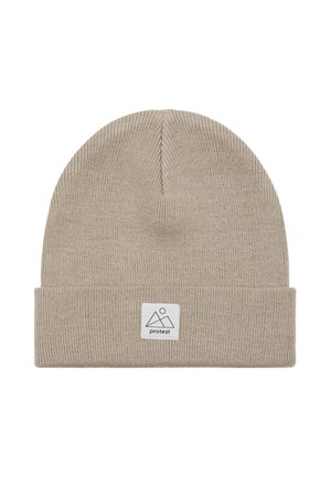 Beanie muts in lichtbeige, gebreide textuur, met een opgerolde rand. Bevat een klein wit label met een bergafbeelding en merknnaam.