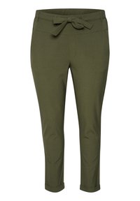 Pantaloni verde oliva realizzati in tessuto morbido, con un fiocco frontale, tasche inclinate e orli arrotolati per un look raffinato.