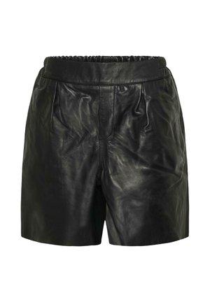 Zwarte short van imitation leer met elastische tailleband, voorplooien en een gladde textuur.
