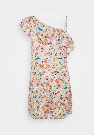 Bloemenprint jumpsuit met één schouder en ruches, met roze, oranje, gele en groene bloemen op een lichtbeige achtergrond.