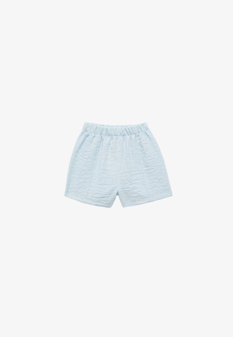 Helle blaue Shorts aus strukturiertem Stoff, mit einem elastischen Bund und lockerer Passform. Keine Taschen oder sichtbare Beschläge.