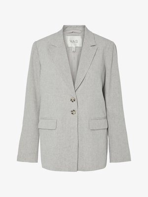 Gaiši pelēks lina žakete ar iegriezuma atlokiem, divām priekšējām pogām, atloku kabatām un piegriezumu pieguļošu piegriezumu.