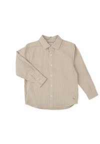 Camisa de manga larga a rayas en beige claro y marrón, con un cuello clásico, cierre de botones y dobladillo redondeado. Fabricada en tejido entrelazado.