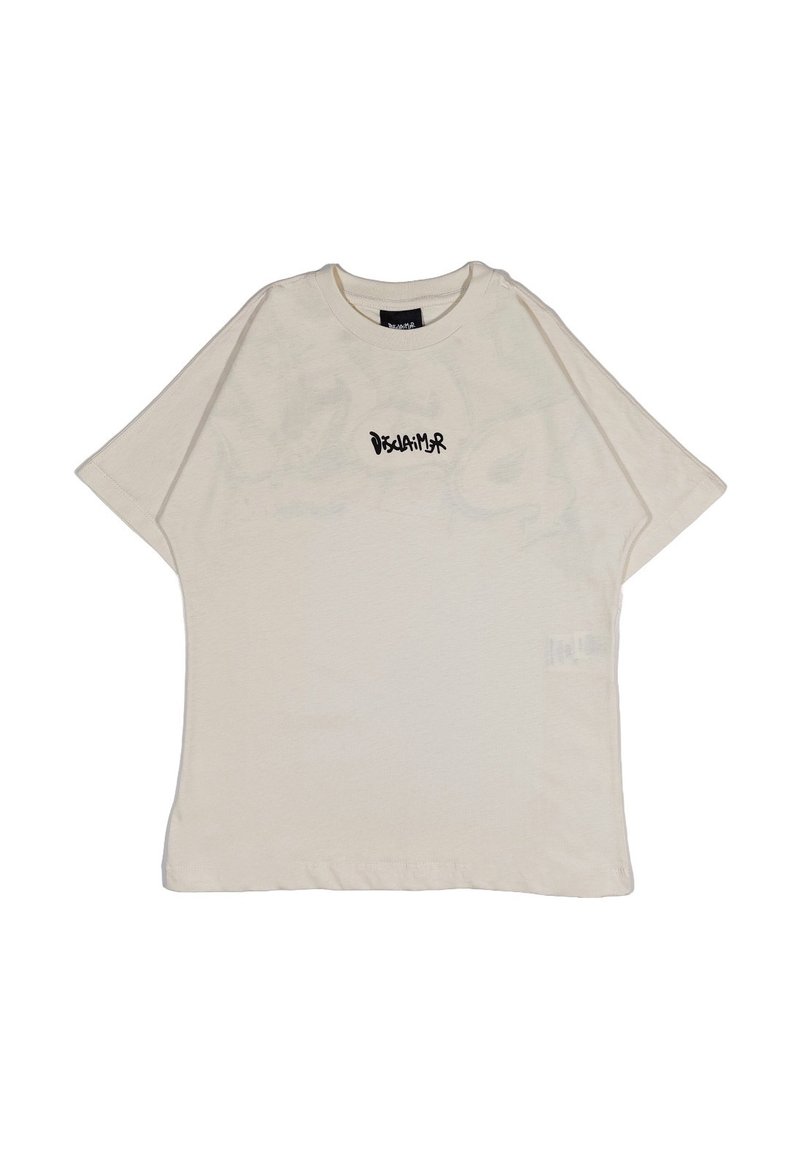 T-shirt oversize beige in cotone, con colletto rotondo, maniche corte e la scritta "Disclaimer" stampata in nero sulla parte anteriore.