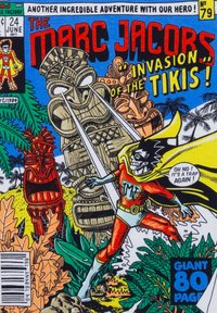 Barevná komiksová obálka s superhrdinou v červeném a žlutém kostýmu, obklopeným vyřezávanými dřevěnými tiki sochami a tropickou zelení.
