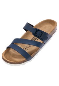 Sandalo blu navy con due cinturini incrociati e un gancio, soles in sughero, suola in gomma e un interno texturizzato per il comfort.