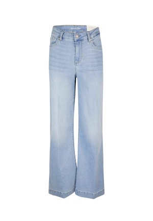 Jeans a gamba larga blu chiaro con vita alta, realizzati in denim, con una finitura sbiadita, design tradizionale a cinque tasche e orlo cucito.