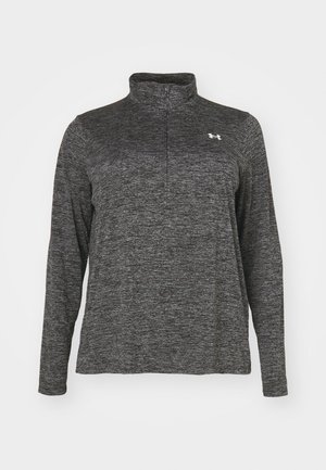 Ciemnoszara sportowa bluza z długim rękawem, z suwakiem do ćwiartki długości oraz małym białym logo marki na lewej piersi.