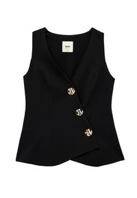Chaleco sin mangas negro con un escote en V profundo, con un diseño de envoltura y cuatro botones dorados con un patrón a rayas.