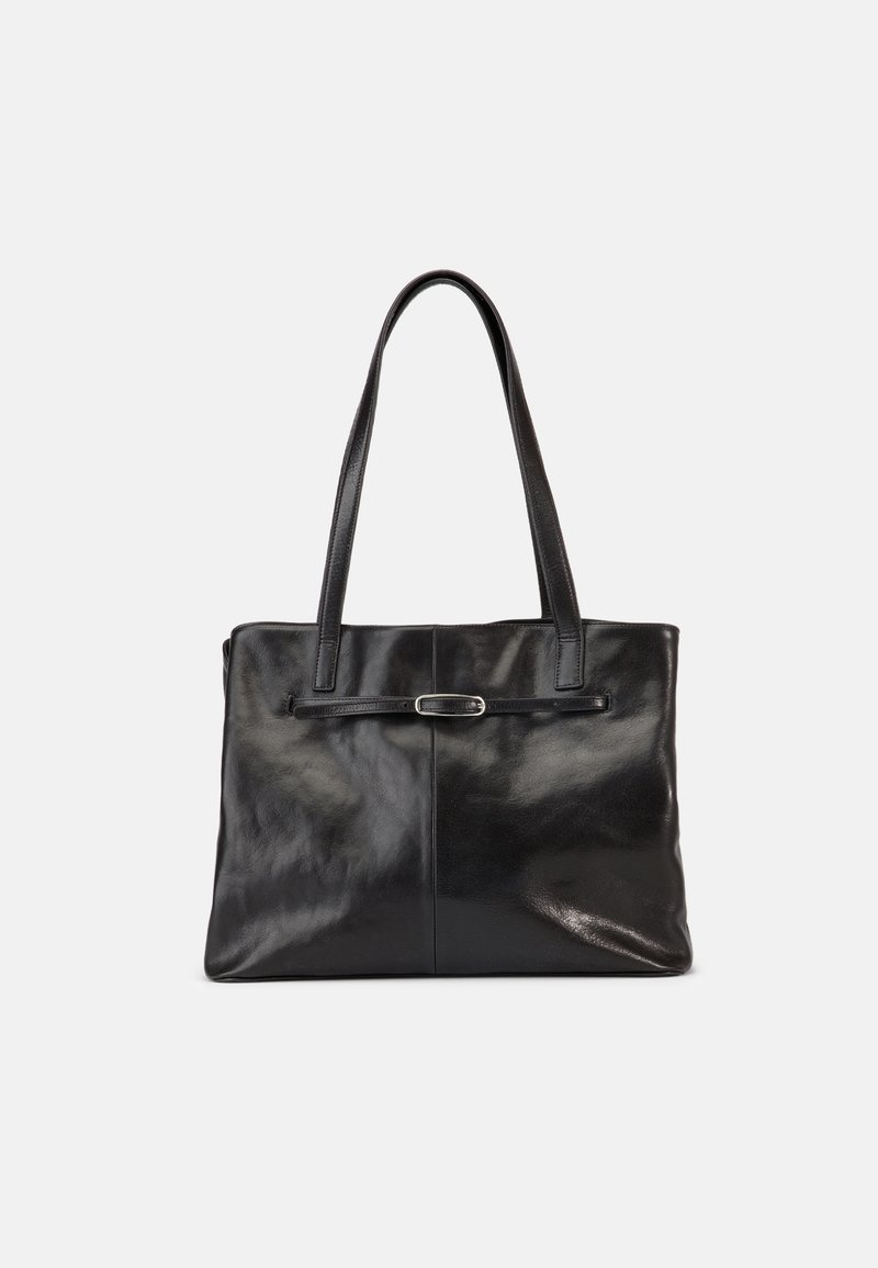 Črna torba za čez ramo iz usnja z dvema naramnicama, tankim vodoravnim sponko in gladkim, rahlo sijočim zaključkom.