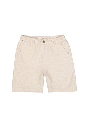 Un short en lin beige présente un devant plat avec une fermeture à bouton, une taille élastique, des poches latérales et des détails cousus.
