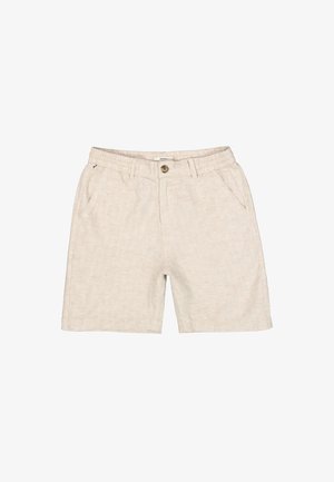 Los pantalones cortos de lino beige presentan un frente plano con cierre de botón, cintura elástica, bolsillos laterales y detalles con costuras.