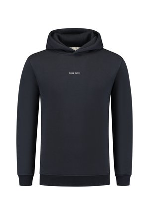 Schwarzer, langärmeliger Kapuzenpullover mit dem Text "PURE PATH" mittig auf der Brust, mit gerippten Bündchen und Saum, vor einem weißen Hintergrund dargestellt.