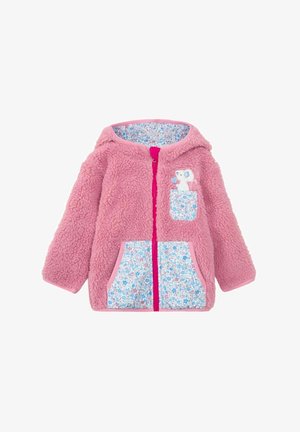 Giacca in fleece rosa con cappuccio, zip frontale, tasche con motivo floreale e un piccolo design di un animale sul petto. Tessuto morbido e strutturato.