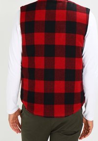 Man som bär en röd och svart rutiga ärmlös väst över en vit långärmad skjorta och mörkgröna byxor, sedd bakifrån.