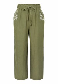 Olivgrön vida byxor med elastisk midja, dragsko och dekorativ vit broderi på sidfickorna.