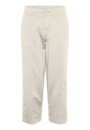 Lys beige cropped bukser lavet af blødt stof, med knaplukning, to frontlommer og lige ben-design.