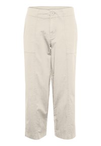 Beiga knälånga byxor i bomull med slät yta. Har knappstängning och två sidofickor. Enkel design utan mönster.