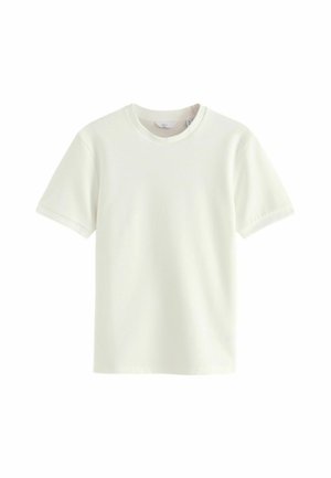 T-shirt blanc uni à manches courtes avec col rond, affiché sur un fond blanc.