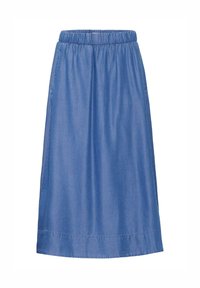 Denim suknja s elastičnom waistbandom, A-linijski oblik, srednje plave boje i glatke teksture. Duljina do koljena s ravnim rubom.